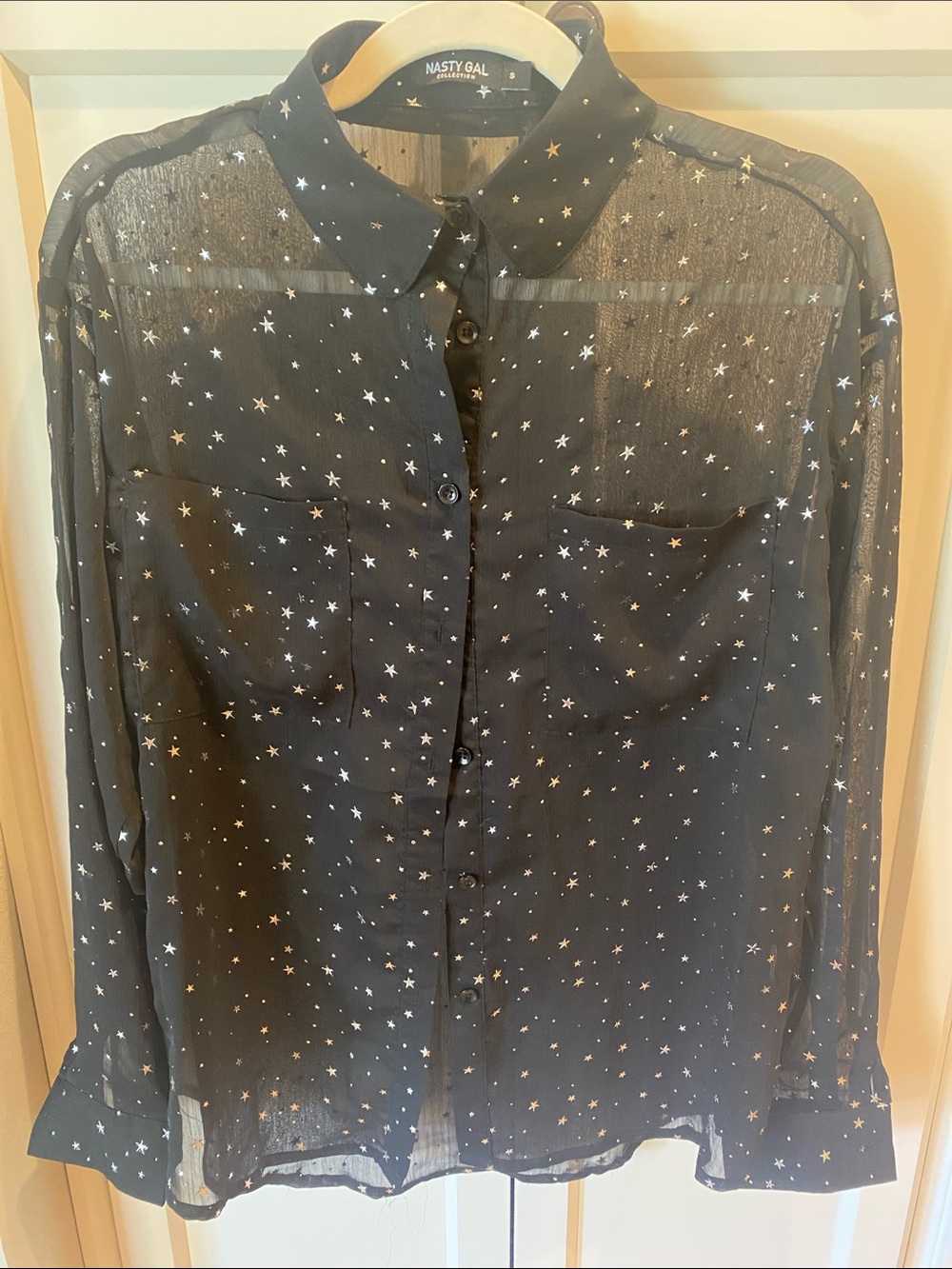 Nasty Gal Black Sheer Star Print Button-Down Shirt Sz. SM EUC